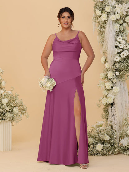 Sheath/Column Spaghetti Straps Cowl Neck Sleeveless Plus Size Bridesmaid Dresses With Split Side