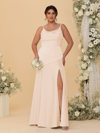 Sheath/Column Spaghetti Straps Cowl Neck Sleeveless Plus Size Bridesmaid Dresses With Split Side