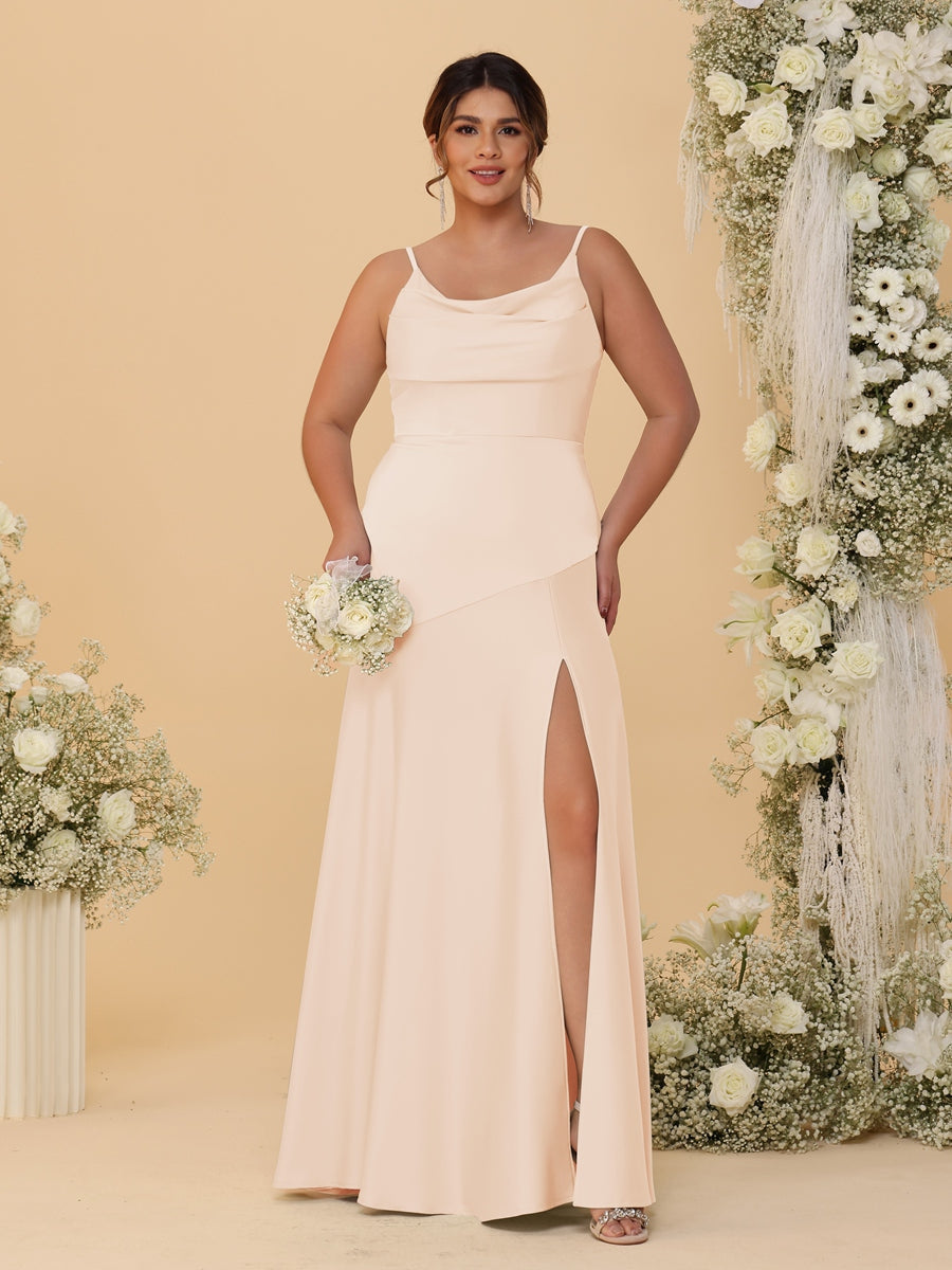 Sheath/Column Spaghetti Straps Cowl Neck Sleeveless Plus Size Bridesmaid Dresses With Split Side