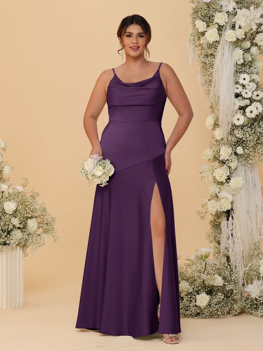 Sheath/Column Spaghetti Straps Cowl Neck Sleeveless Plus Size Bridesmaid Dresses With Split Side