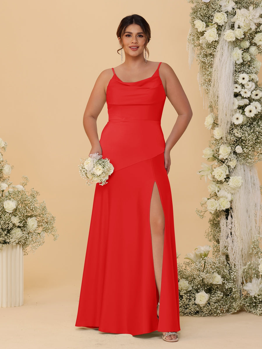 Sheath/Column Spaghetti Straps Cowl Neck Sleeveless Plus Size Bridesmaid Dresses With Split Side