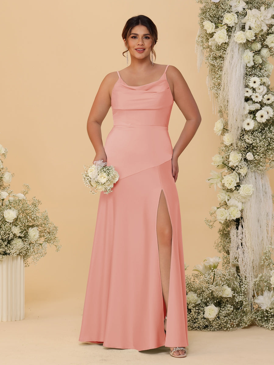 Sheath/Column Spaghetti Straps Cowl Neck Sleeveless Plus Size Bridesmaid Dresses With Split Side