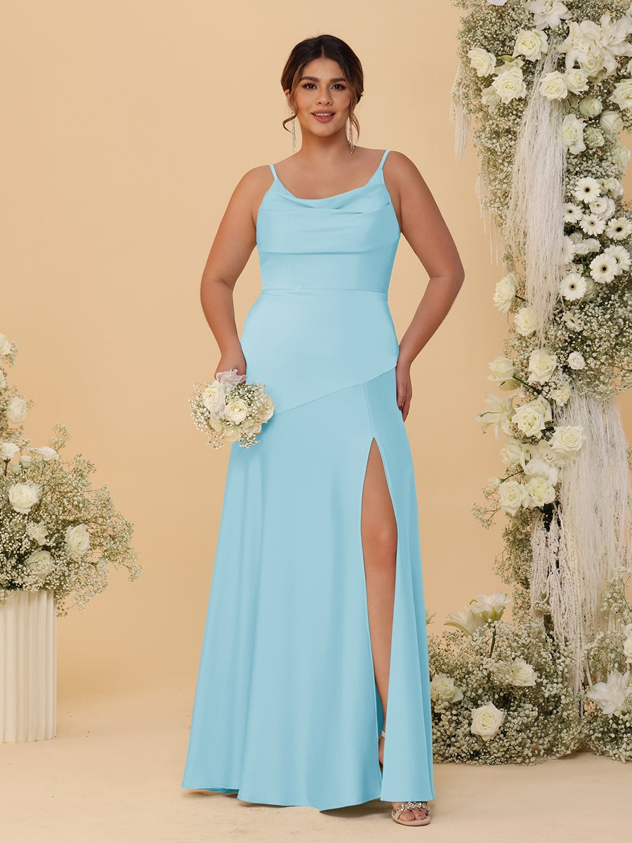 Sheath/Column Spaghetti Straps Cowl Neck Sleeveless Plus Size Bridesmaid Dresses With Split Side