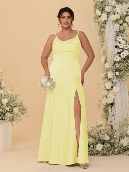 Sheath/Column Spaghetti Straps Cowl Neck Sleeveless Plus Size Bridesmaid Dresses With Split Side