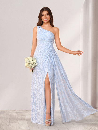 Sheath/Column One-Shoulder Sleeveless Floor-Length Bridesmaid Dresses With Split Side & Sash
