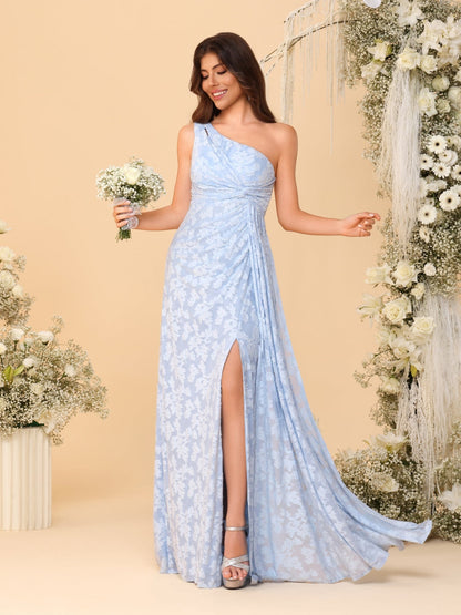 Sheath/Column One-Shoulder Sleeveless Floor-Length Bridesmaid Dresses With Split Side & Sash