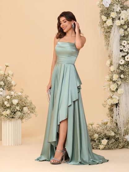A-Line/Princess Spaghetti Straps Sleeveless Sweep Train Bridesmaid Dresses With Split Side