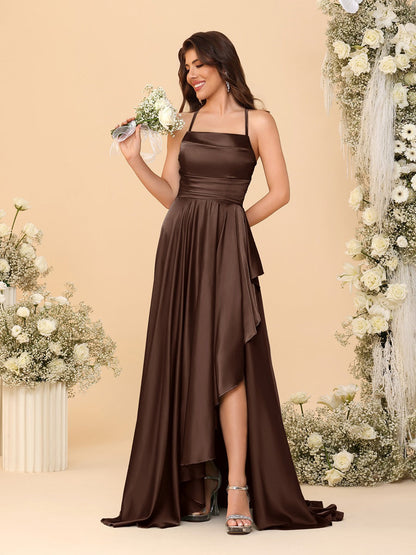 A-Line/Princess Spaghetti Straps Sleeveless Sweep Train Bridesmaid Dresses With Split Side