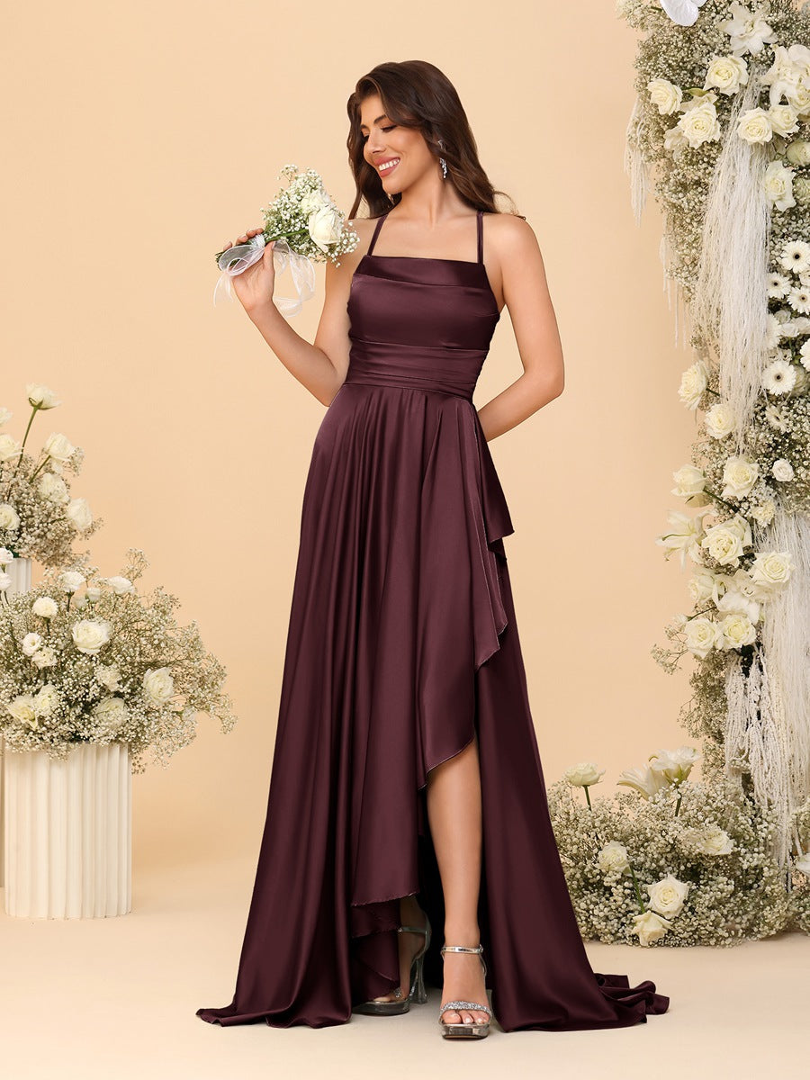 A-Line/Princess Spaghetti Straps Sleeveless Sweep Train Bridesmaid Dresses With Split Side