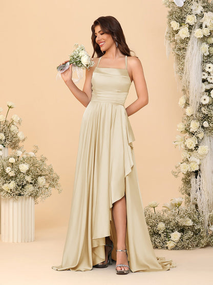 A-Line/Princess Spaghetti Straps Sleeveless Sweep Train Bridesmaid Dresses With Split Side