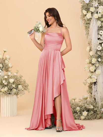 A-Line/Princess Spaghetti Straps Sleeveless Sweep Train Bridesmaid Dresses With Split Side