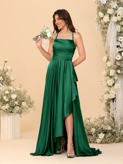 A-Line/Princess Spaghetti Straps Sleeveless Sweep Train Bridesmaid Dresses With Split Side