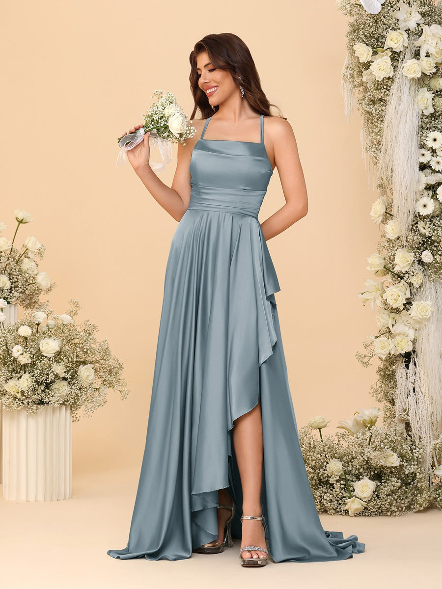 A-Line/Princess Spaghetti Straps Sleeveless Sweep Train Bridesmaid Dresses With Split Side