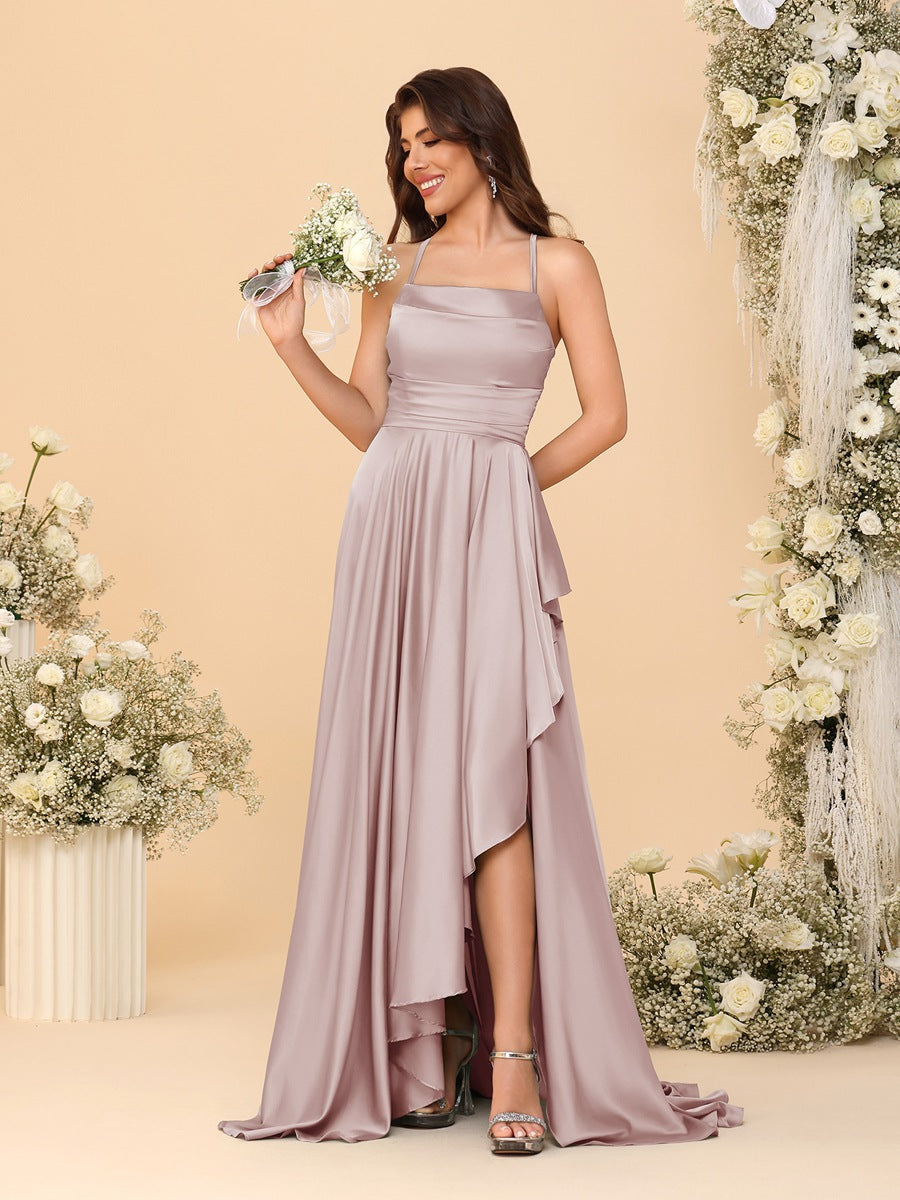 A-Line/Princess Spaghetti Straps Sleeveless Sweep Train Bridesmaid Dresses With Split Side