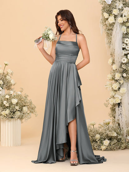 A-Line/Princess Spaghetti Straps Sleeveless Sweep Train Bridesmaid Dresses With Split Side