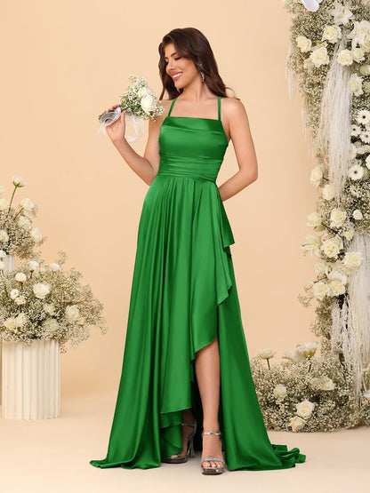 A-Line/Princess Spaghetti Straps Sleeveless Sweep Train Bridesmaid Dresses With Split Side
