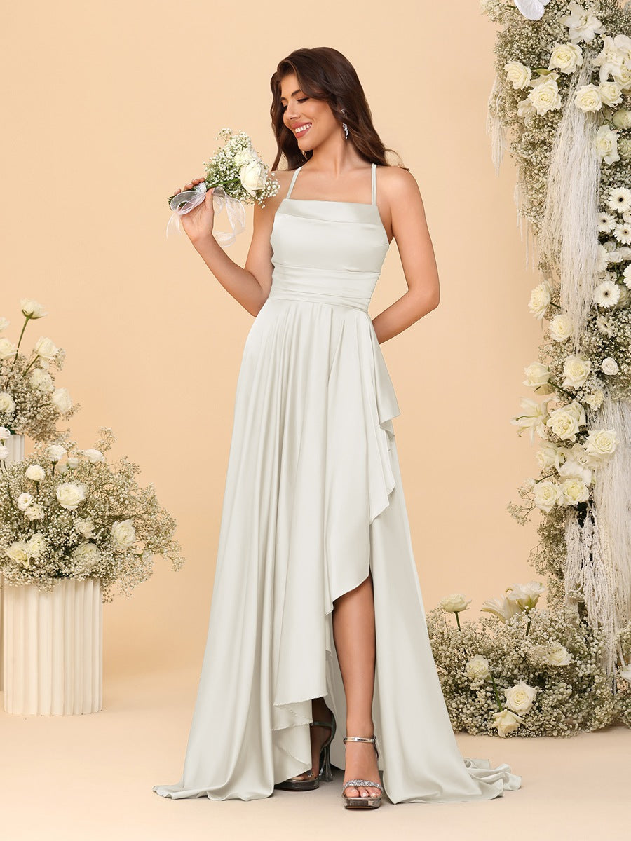 A-Line/Princess Spaghetti Straps Sleeveless Sweep Train Bridesmaid Dresses With Split Side