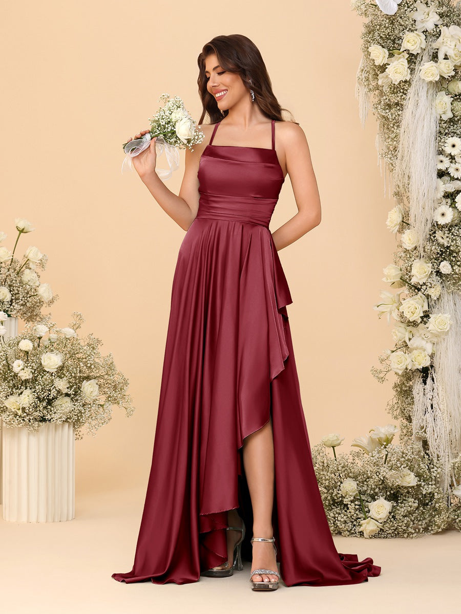 A-Line/Princess Spaghetti Straps Sleeveless Sweep Train Bridesmaid Dresses With Split Side