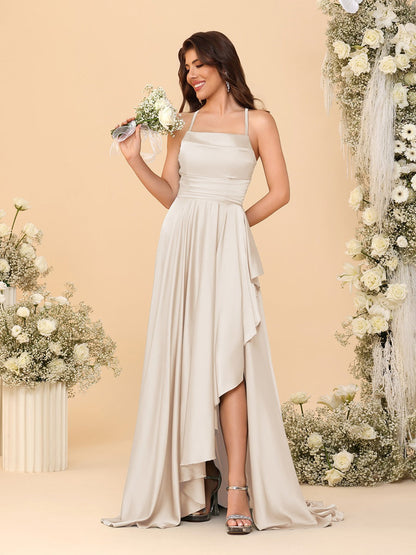 A-Line/Princess Spaghetti Straps Sleeveless Sweep Train Bridesmaid Dresses With Split Side