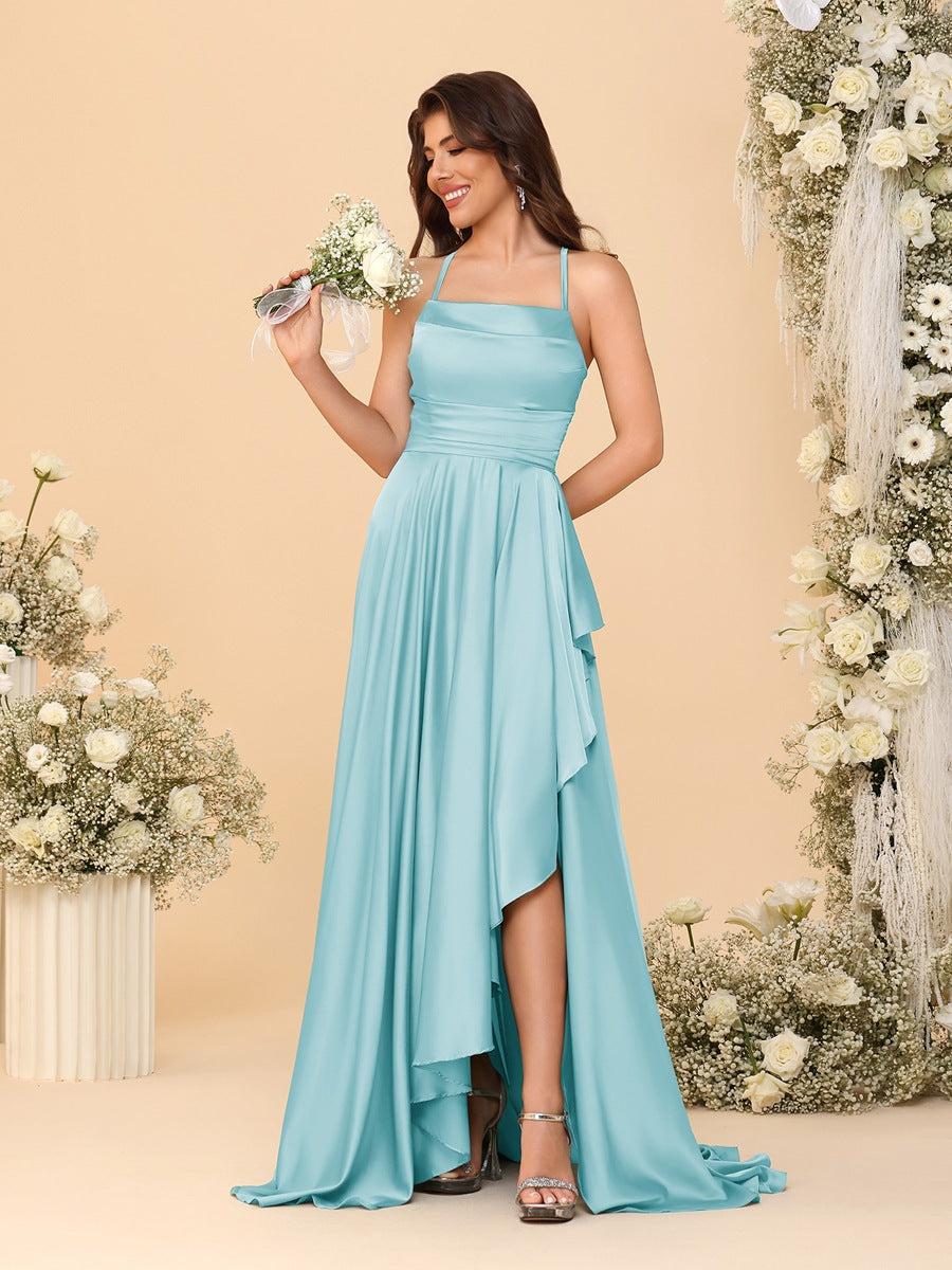 A-Line/Princess Spaghetti Straps Sleeveless Sweep Train Bridesmaid Dresses With Split Side