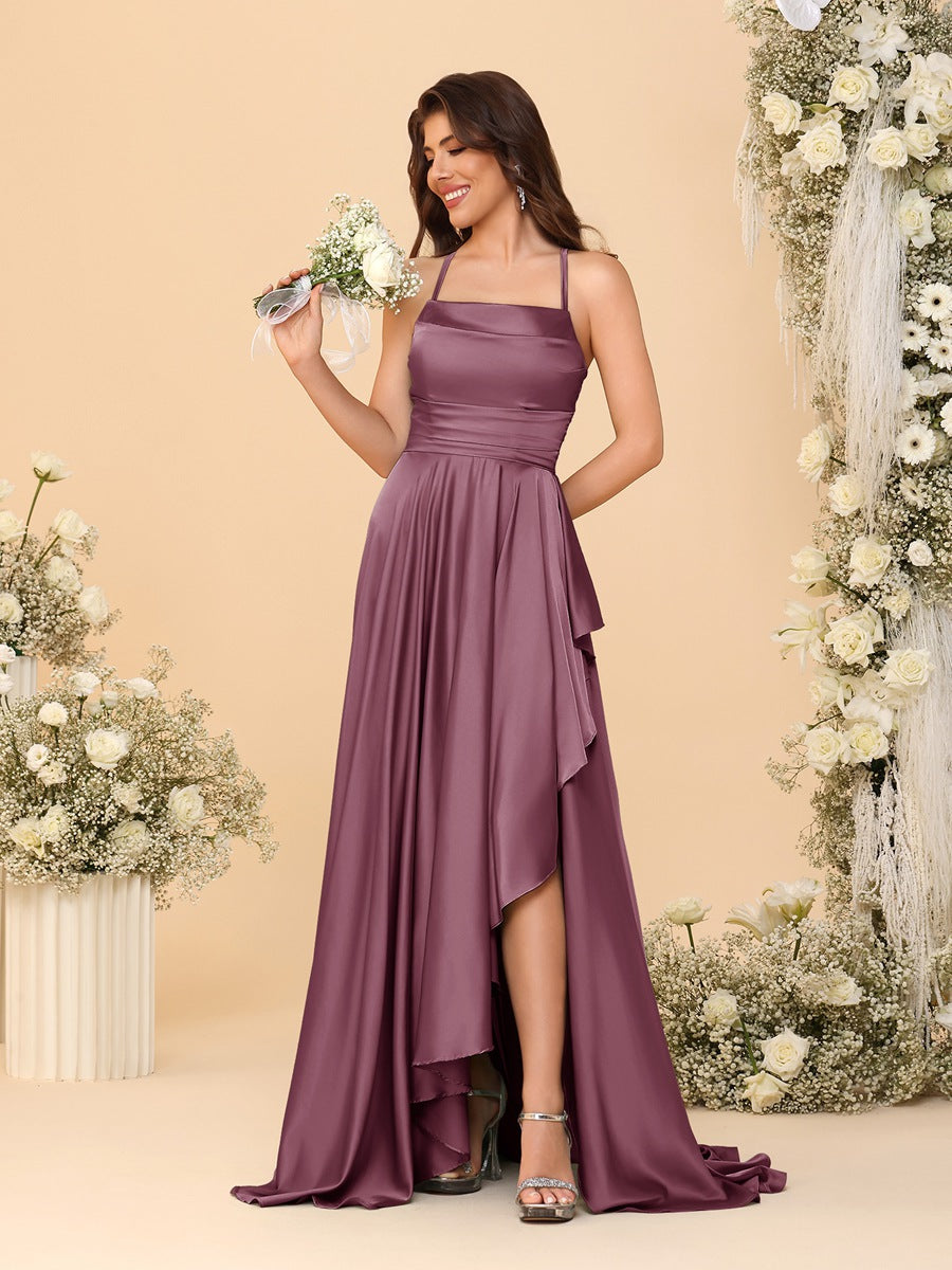A-Line/Princess Spaghetti Straps Sleeveless Sweep Train Bridesmaid Dresses With Split Side