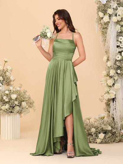 A-Line/Princess Spaghetti Straps Sleeveless Sweep Train Bridesmaid Dresses With Split Side
