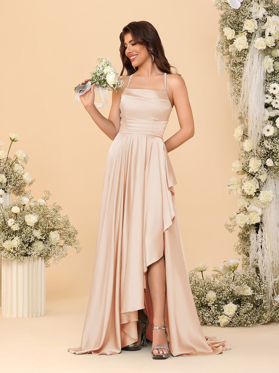 A-Line/Princess Spaghetti Straps Sleeveless Sweep Train Bridesmaid Dresses With Split Side