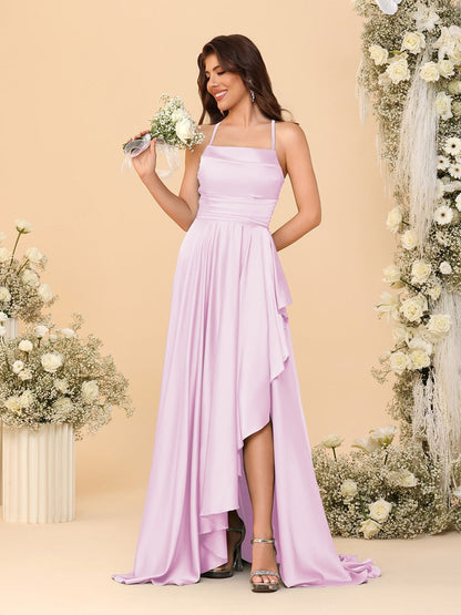 A-Line/Princess Spaghetti Straps Sleeveless Sweep Train Bridesmaid Dresses With Split Side