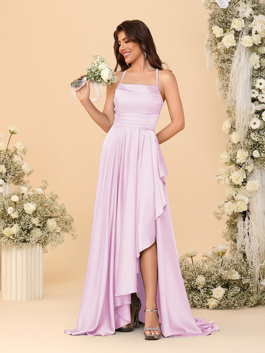 A-Line/Princess Spaghetti Straps Sleeveless Sweep Train Bridesmaid Dresses With Split Side