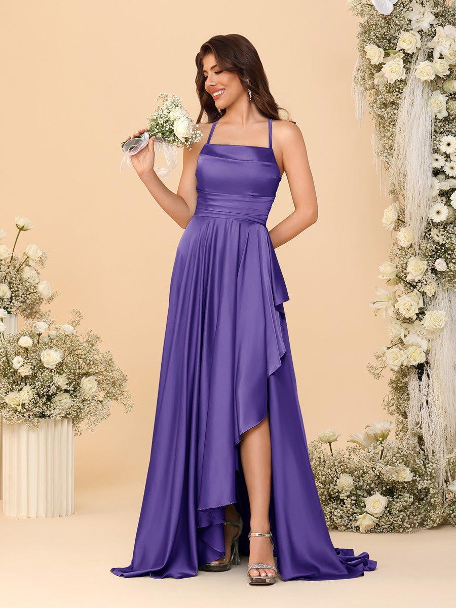 A-Line/Princess Spaghetti Straps Sleeveless Sweep Train Bridesmaid Dresses With Split Side