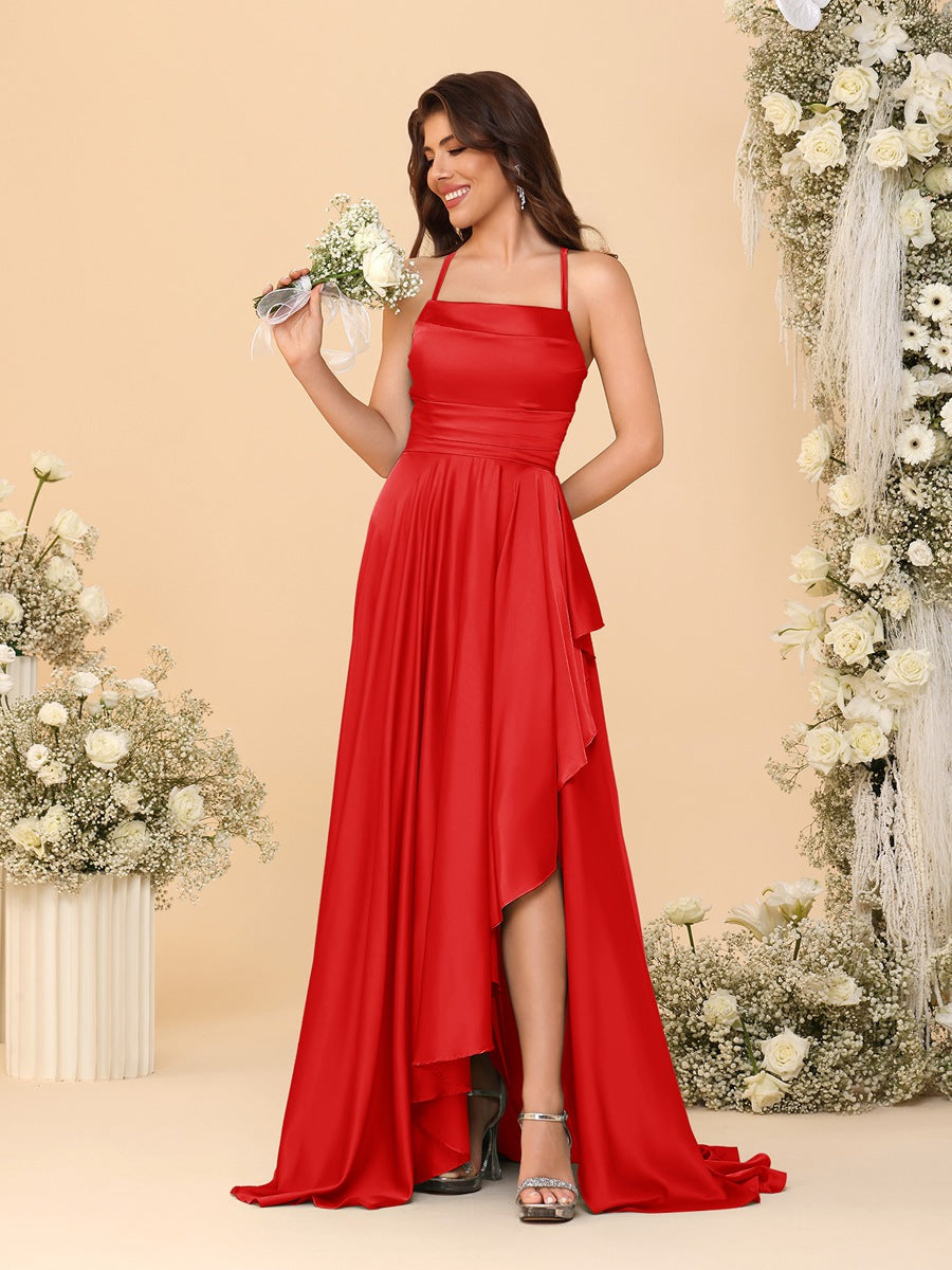 A-Line/Princess Spaghetti Straps Sleeveless Sweep Train Bridesmaid Dresses With Split Side