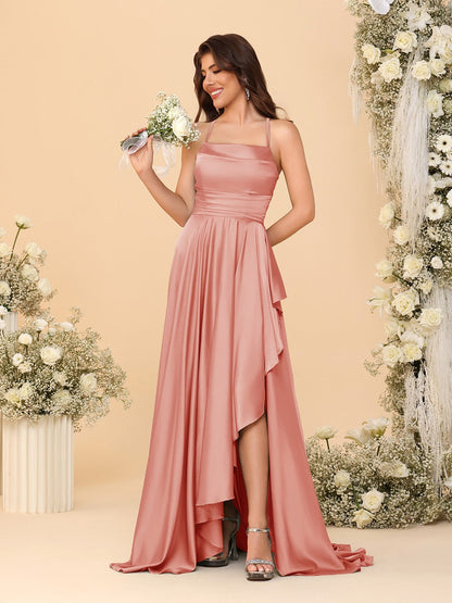 A-Line/Princess Spaghetti Straps Sleeveless Sweep Train Bridesmaid Dresses With Split Side