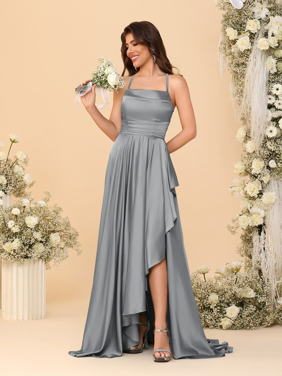A-Line/Princess Spaghetti Straps Sleeveless Sweep Train Bridesmaid Dresses With Split Side