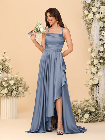 A-Line/Princess Spaghetti Straps Sleeveless Sweep Train Bridesmaid Dresses With Split Side