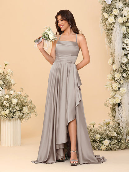 A-Line/Princess Spaghetti Straps Sleeveless Sweep Train Bridesmaid Dresses With Split Side