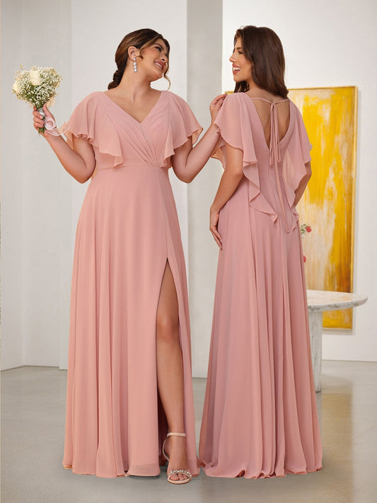 A-Line/Princess V-Neck Short Sleeves Floor-Length Ruched Bridesmaid Dresses With Side Slit