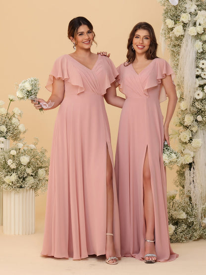 A-Line/Princess V-Neck Short Sleeves Floor-Length Ruched Bridesmaid Dresses With Side Slit