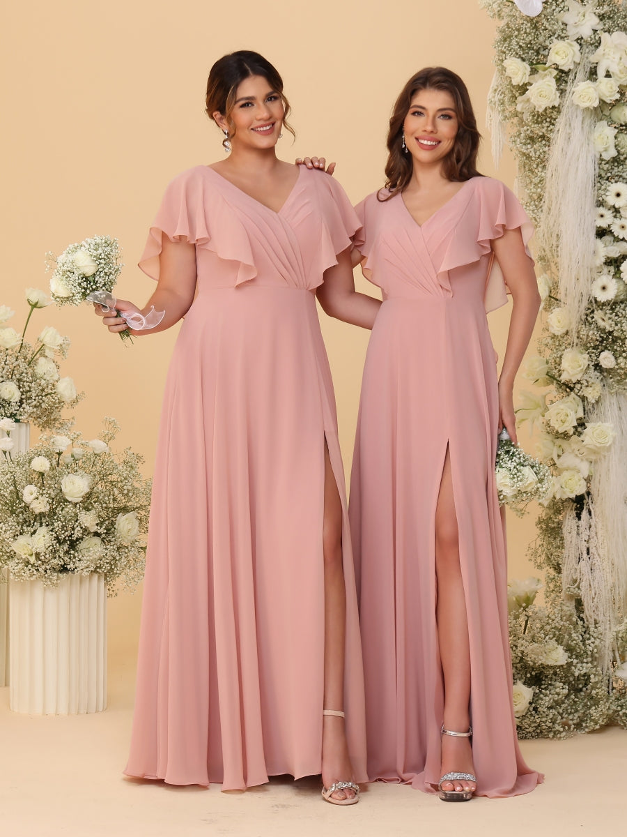 A-Line/Princess V-Neck Short Sleeves Floor-Length Ruched Bridesmaid Dresses With Side Slit