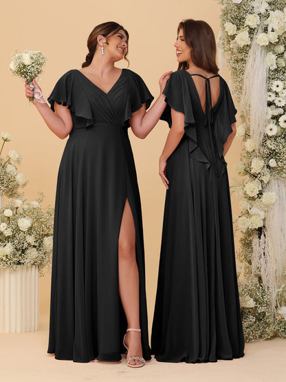 A-Line/Princess V-Neck Short Sleeves Floor-Length Ruched Bridesmaid Dresses With Side Slit