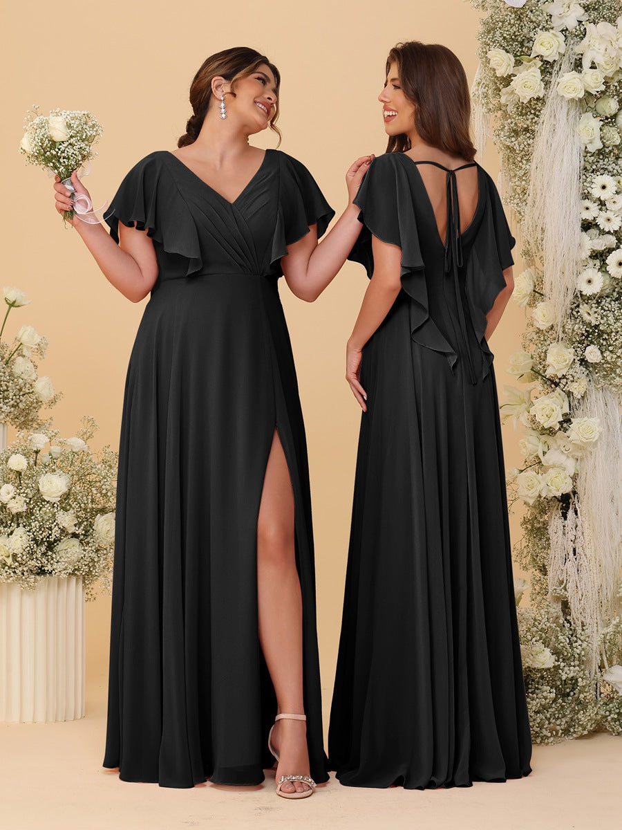 A-Line/Princess V-Neck Short Sleeves Floor-Length Ruched Bridesmaid Dresses With Side Slit