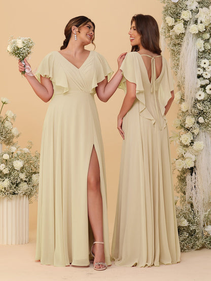 A-Line/Princess V-Neck Short Sleeves Floor-Length Ruched Bridesmaid Dresses With Side Slit