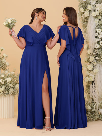 A-Line/Princess V-Neck Short Sleeves Floor-Length Ruched Bridesmaid Dresses With Side Slit