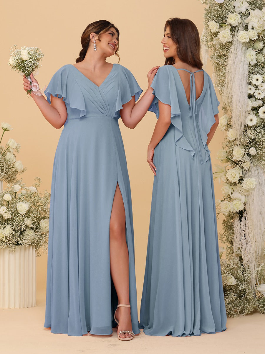 A-Line/Princess V-Neck Short Sleeves Floor-Length Ruched Bridesmaid Dresses With Side Slit