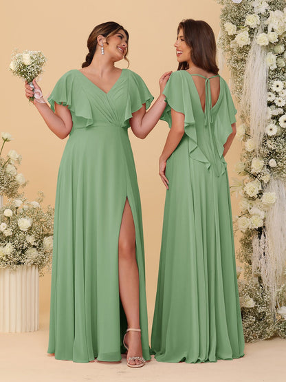 A-Line/Princess V-Neck Short Sleeves Floor-Length Ruched Bridesmaid Dresses With Side Slit