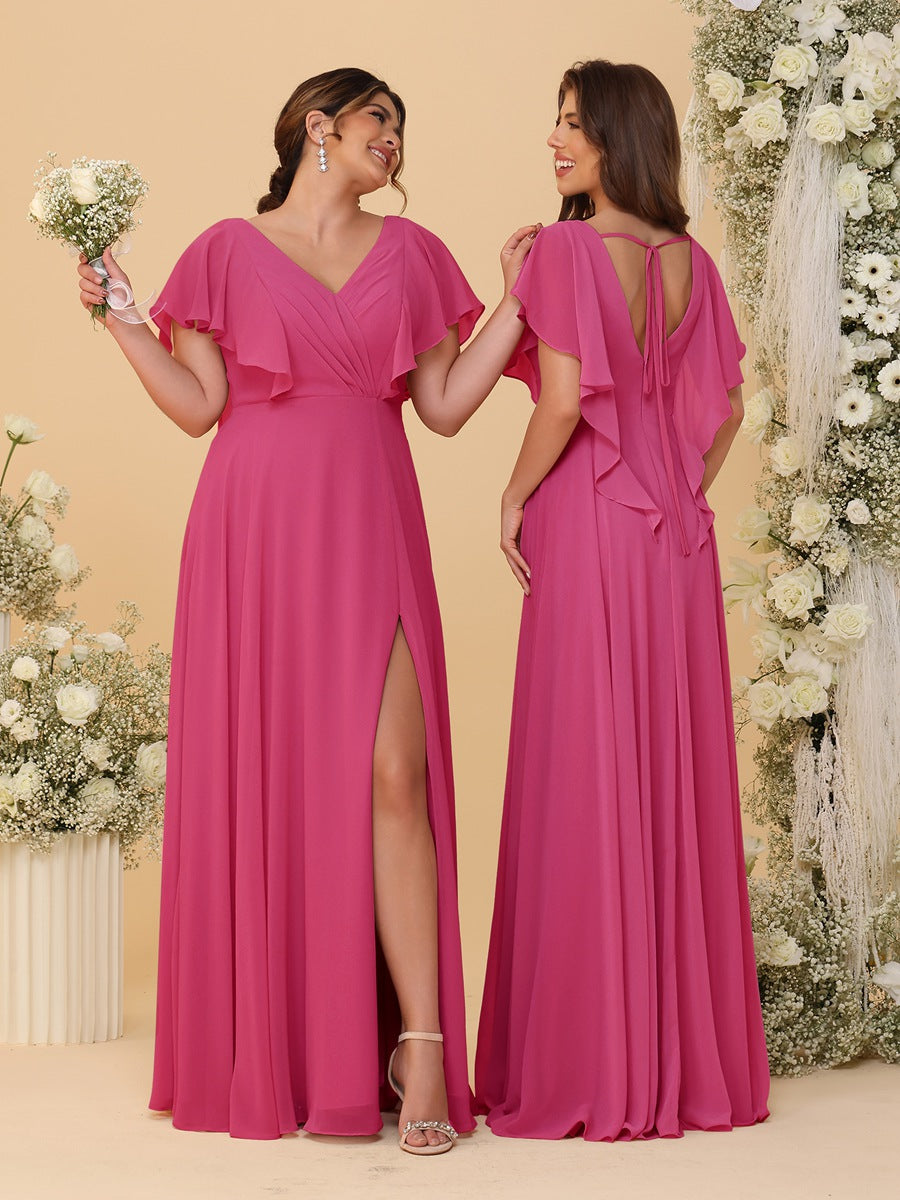 A-Line/Princess V-Neck Short Sleeves Floor-Length Ruched Bridesmaid Dresses With Side Slit