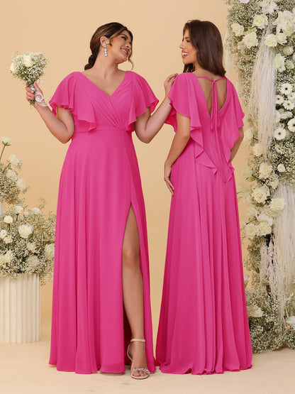 A-Line/Princess V-Neck Short Sleeves Floor-Length Ruched Bridesmaid Dresses With Side Slit
