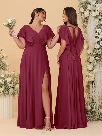 A-Line/Princess V-Neck Short Sleeves Floor-Length Ruched Bridesmaid Dresses With Side Slit
