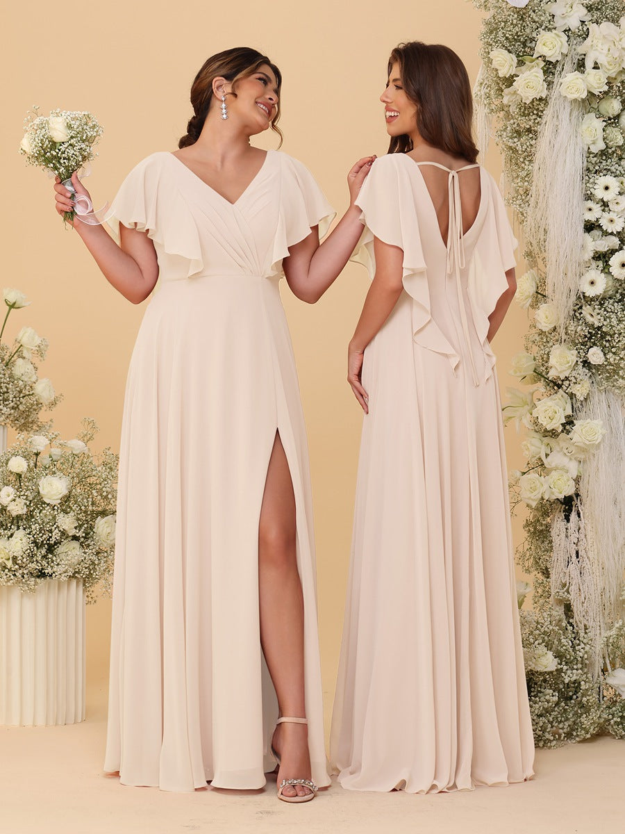 A-Line/Princess V-Neck Short Sleeves Floor-Length Ruched Bridesmaid Dresses With Side Slit