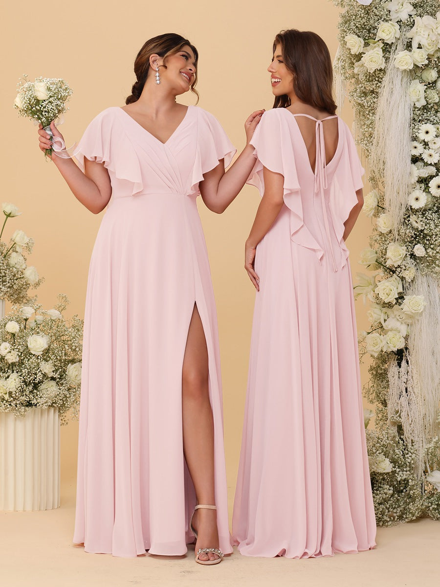 A-Line/Princess V-Neck Short Sleeves Floor-Length Ruched Bridesmaid Dresses With Side Slit
