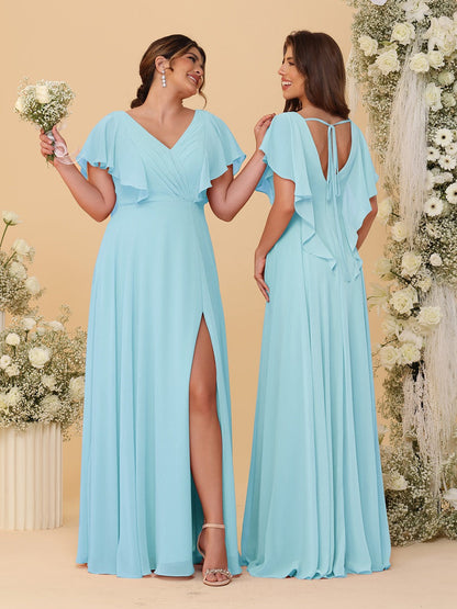 A-Line/Princess V-Neck Short Sleeves Floor-Length Ruched Bridesmaid Dresses With Side Slit